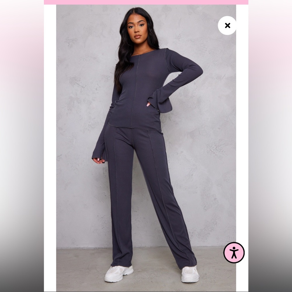 2 piece SET Tall Steel Blue Ribbed Seam Detail High Waisted Wide Leg Pants